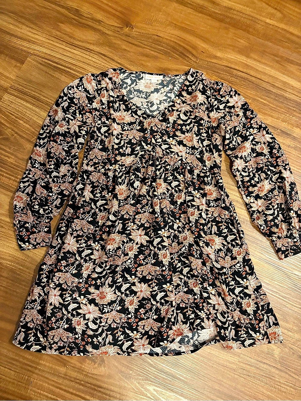 KNOX ROSE Floral Long Sleeve Mini Dress in Black Size Small